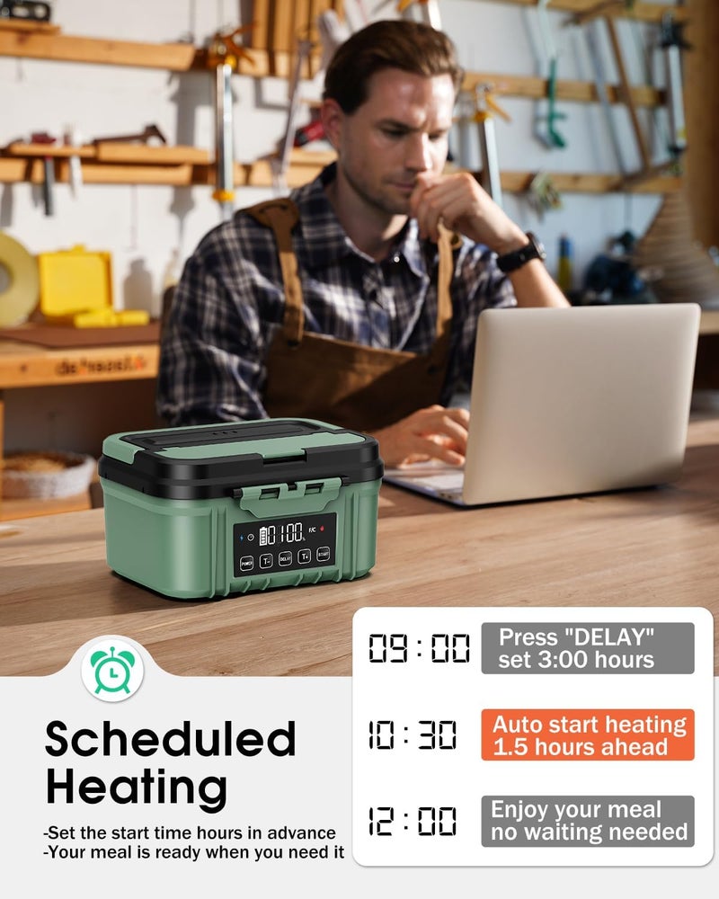 FERVINOW Cordless Electric Lunch Box for Adults – Battery-Powered Heated Lunch Box with 1.2L Stainless Steel Container, Timer Function, and Leak-Proof Food Warmer for Work, Travel & Office(Pine Green) - Image 4